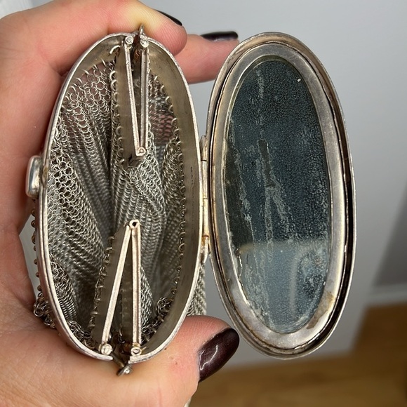 Antique Sterling Silver 925 Chain Mesh Expandable Top Snap Mirror Bag Super Rare - Picture 16 of 16